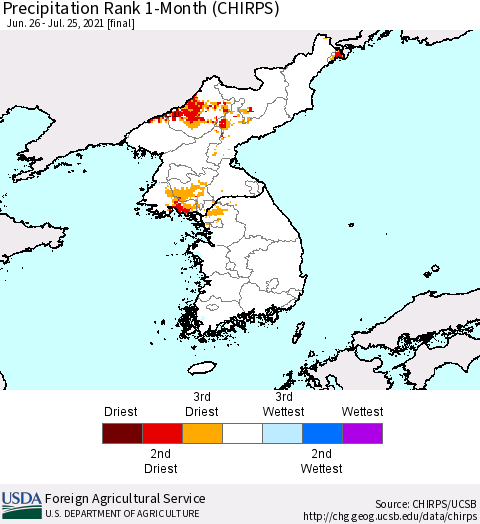 Korea Precipitation Rank 1-Month (CHIRPS) Thematic Map For 6/26/2021 - 7/25/2021