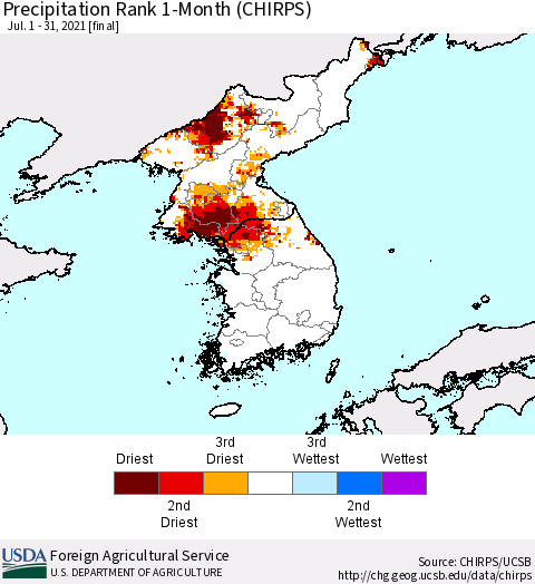 Korea Precipitation Rank since 1981, 1-Month (CHIRPS) Thematic Map For 7/1/2021 - 7/31/2021