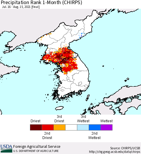 Korea Precipitation Rank 1-Month (CHIRPS) Thematic Map For 7/16/2021 - 8/15/2021