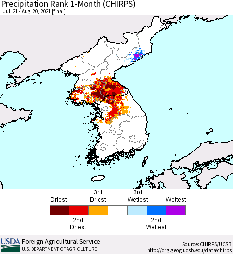 Korea Precipitation Rank since 1981, 1-Month (CHIRPS) Thematic Map For 7/21/2021 - 8/20/2021