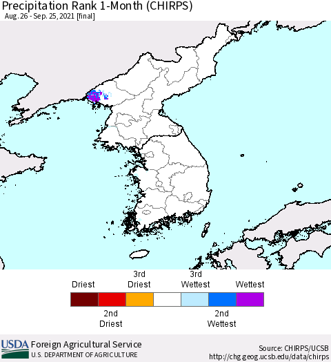 Korea Precipitation Rank 1-Month (CHIRPS) Thematic Map For 8/26/2021 - 9/25/2021