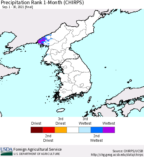 Korea Precipitation Rank since 1981, 1-Month (CHIRPS) Thematic Map For 9/1/2021 - 9/30/2021