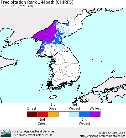 Korea Precipitation Rank 1-Month (CHIRPS) Thematic Map For 9/6/2021 - 10/5/2021