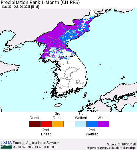 Korea Precipitation Rank 1-Month (CHIRPS) Thematic Map For 9/21/2021 - 10/20/2021