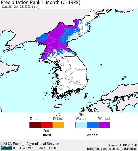 Korea Precipitation Rank 1-Month (CHIRPS) Thematic Map For 9/26/2021 - 10/25/2021