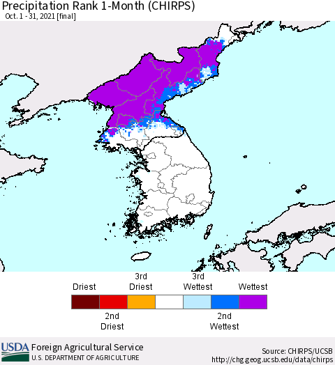 Korea Precipitation Rank 1-Month (CHIRPS) Thematic Map For 10/1/2021 - 10/31/2021