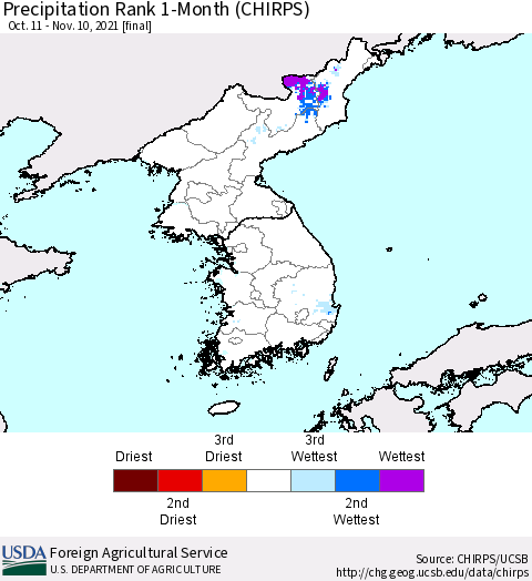 Korea Precipitation Rank 1-Month (CHIRPS) Thematic Map For 10/11/2021 - 11/10/2021