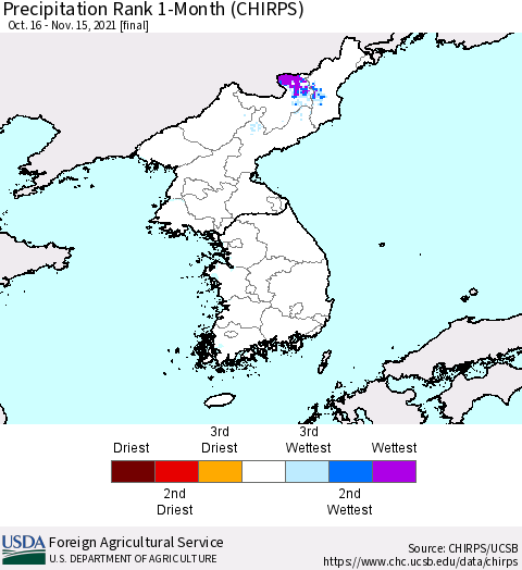 Korea Precipitation Rank since 1981, 1-Month (CHIRPS) Thematic Map For 10/16/2021 - 11/15/2021