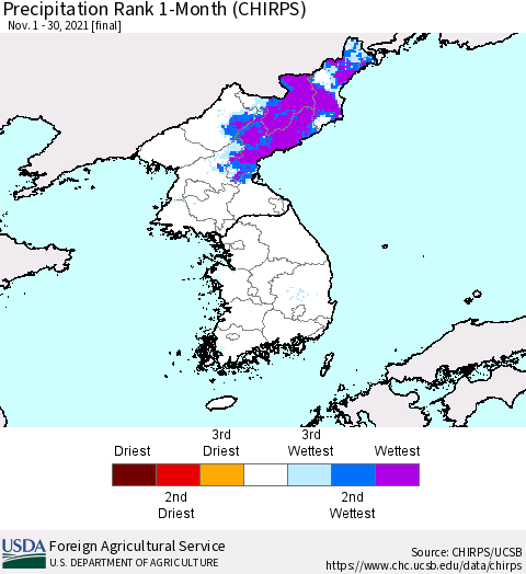 Korea Precipitation Rank 1-Month (CHIRPS) Thematic Map For 11/1/2021 - 11/30/2021
