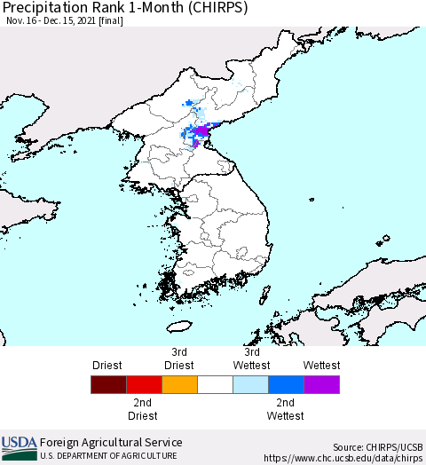 Korea Precipitation Rank since 1981, 1-Month (CHIRPS) Thematic Map For 11/16/2021 - 12/15/2021