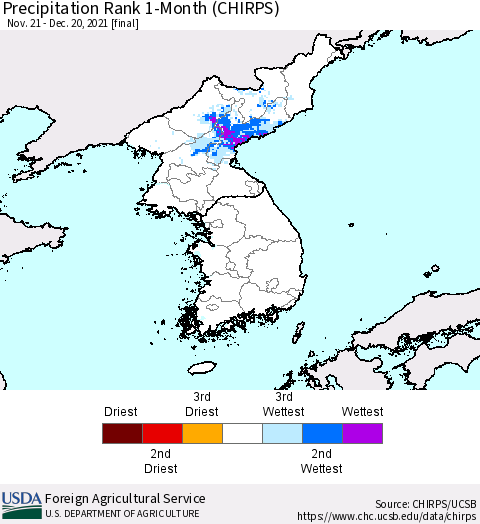 Korea Precipitation Rank since 1981, 1-Month (CHIRPS) Thematic Map For 11/21/2021 - 12/20/2021