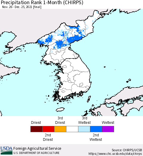Korea Precipitation Rank 1-Month (CHIRPS) Thematic Map For 11/26/2021 - 12/25/2021