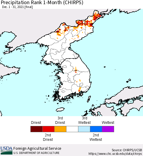Korea Precipitation Rank 1-Month (CHIRPS) Thematic Map For 12/1/2021 - 12/31/2021