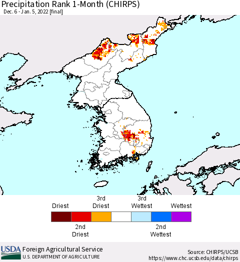 Korea Precipitation Rank 1-Month (CHIRPS) Thematic Map For 12/6/2021 - 1/5/2022
