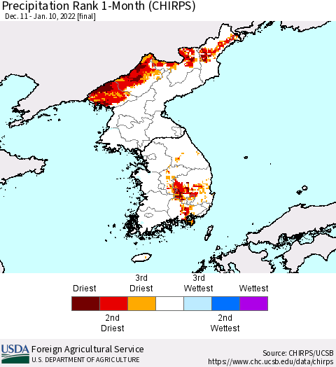 Korea Precipitation Rank since 1981, 1-Month (CHIRPS) Thematic Map For 12/11/2021 - 1/10/2022