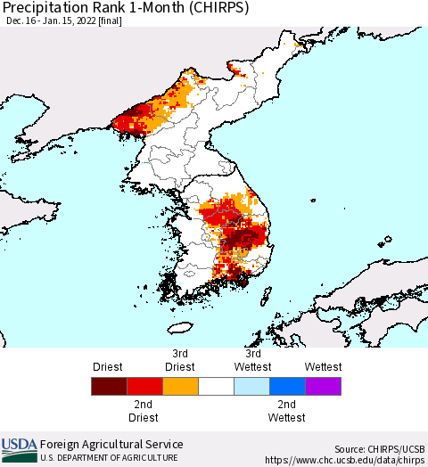 Korea Precipitation Rank 1-Month (CHIRPS) Thematic Map For 12/16/2021 - 1/15/2022