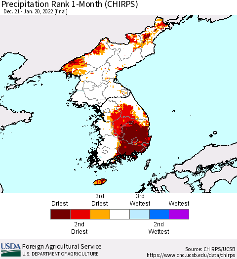 Korea Precipitation Rank since 1981, 1-Month (CHIRPS) Thematic Map For 12/21/2021 - 1/20/2022