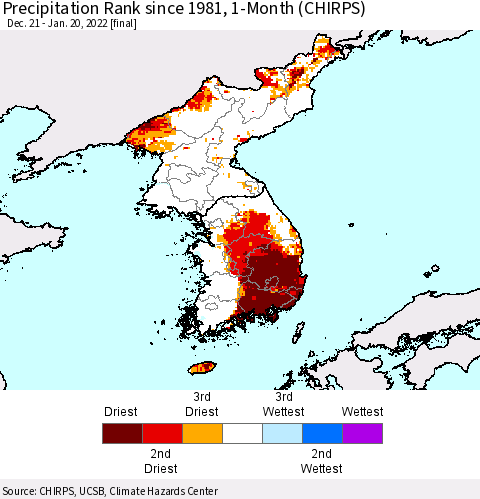 Korea Precipitation Rank since 1981, 1-Month (CHIRPS) Thematic Map For 12/21/2021 - 1/20/2022