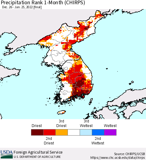 Korea Precipitation Rank since 1981, 1-Month (CHIRPS) Thematic Map For 12/26/2021 - 1/25/2022