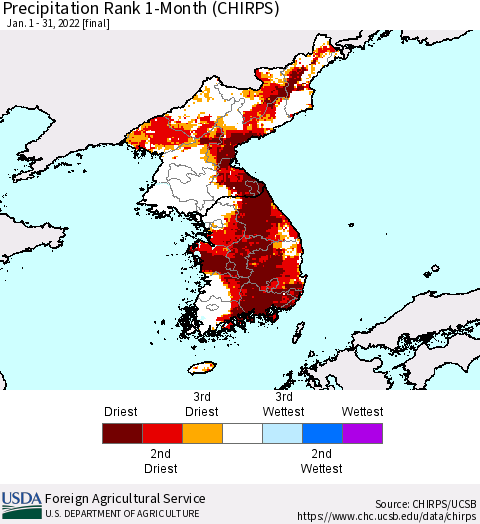 Korea Precipitation Rank 1-Month (CHIRPS) Thematic Map For 1/1/2022 - 1/31/2022