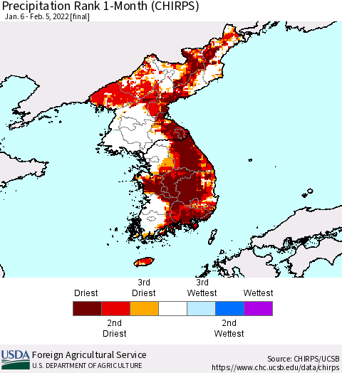 Korea Precipitation Rank since 1981, 1-Month (CHIRPS) Thematic Map For 1/6/2022 - 2/5/2022