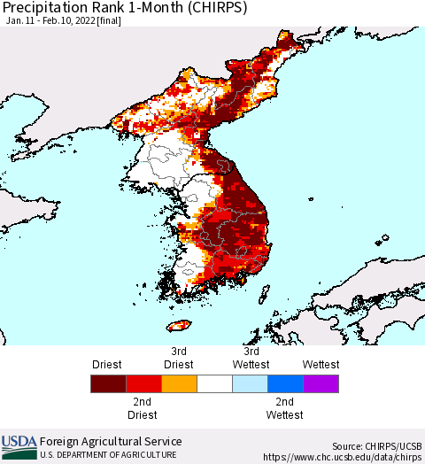 Korea Precipitation Rank since 1981, 1-Month (CHIRPS) Thematic Map For 1/11/2022 - 2/10/2022