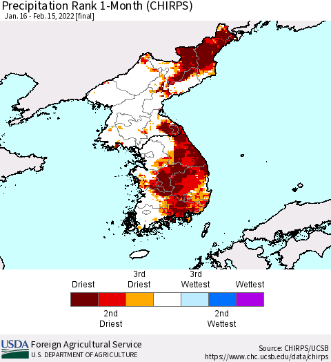 Korea Precipitation Rank 1-Month (CHIRPS) Thematic Map For 1/16/2022 - 2/15/2022