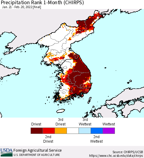Korea Precipitation Rank 1-Month (CHIRPS) Thematic Map For 1/21/2022 - 2/20/2022
