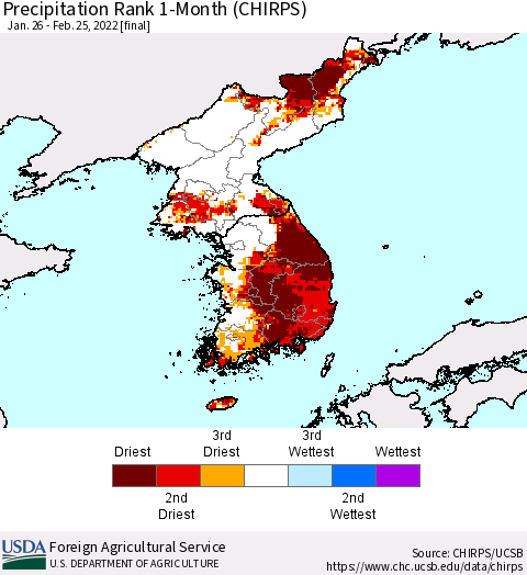 Korea Precipitation Rank 1-Month (CHIRPS) Thematic Map For 1/26/2022 - 2/25/2022