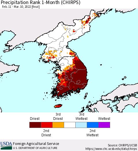 Korea Precipitation Rank 1-Month (CHIRPS) Thematic Map For 2/11/2022 - 3/10/2022