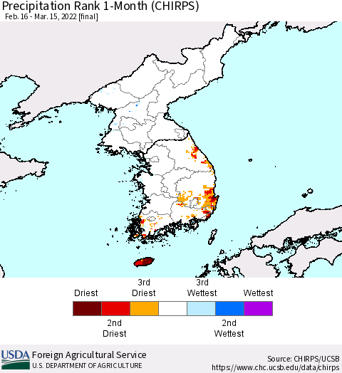 Korea Precipitation Rank 1-Month (CHIRPS) Thematic Map For 2/16/2022 - 3/15/2022