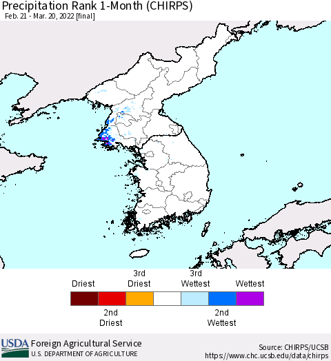 Korea Precipitation Rank since 1981, 1-Month (CHIRPS) Thematic Map For 2/21/2022 - 3/20/2022