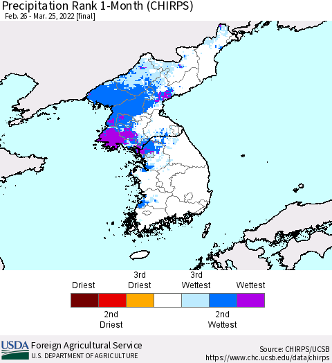 Korea Precipitation Rank since 1981, 1-Month (CHIRPS) Thematic Map For 2/26/2022 - 3/25/2022