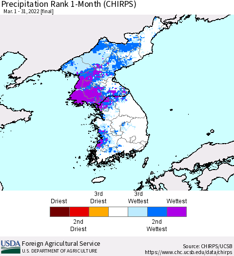 Korea Precipitation Rank 1-Month (CHIRPS) Thematic Map For 3/1/2022 - 3/31/2022