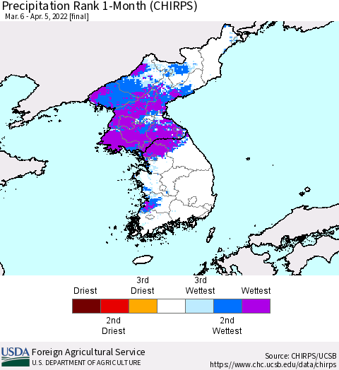 Korea Precipitation Rank 1-Month (CHIRPS) Thematic Map For 3/6/2022 - 4/5/2022