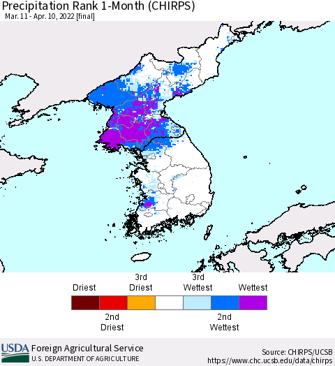 Korea Precipitation Rank 1-Month (CHIRPS) Thematic Map For 3/11/2022 - 4/10/2022