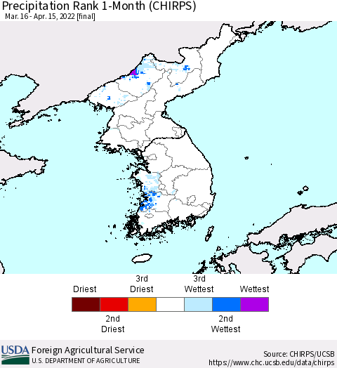 Korea Precipitation Rank 1-Month (CHIRPS) Thematic Map For 3/16/2022 - 4/15/2022