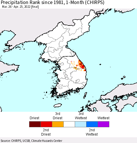 Korea Precipitation Rank since 1981, 1-Month (CHIRPS) Thematic Map For 3/26/2022 - 4/25/2022