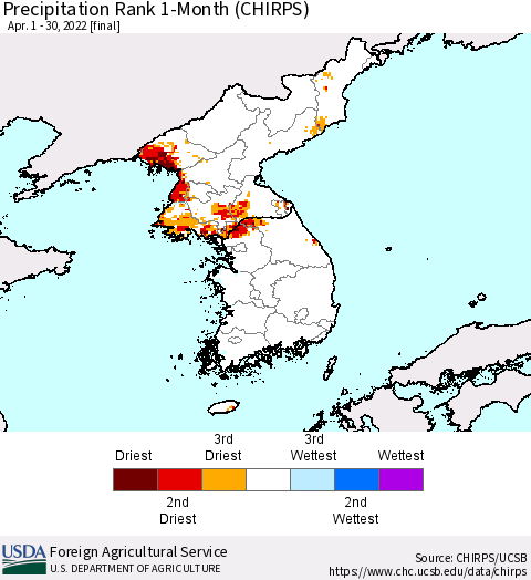 Korea Precipitation Rank 1-Month (CHIRPS) Thematic Map For 4/1/2022 - 4/30/2022