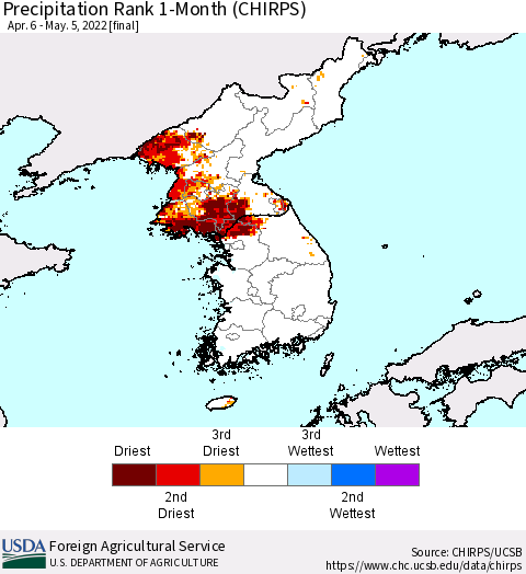 Korea Precipitation Rank 1-Month (CHIRPS) Thematic Map For 4/6/2022 - 5/5/2022