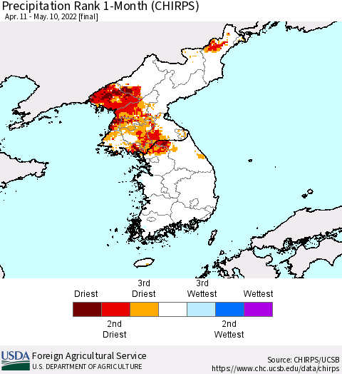 Korea Precipitation Rank 1-Month (CHIRPS) Thematic Map For 4/11/2022 - 5/10/2022