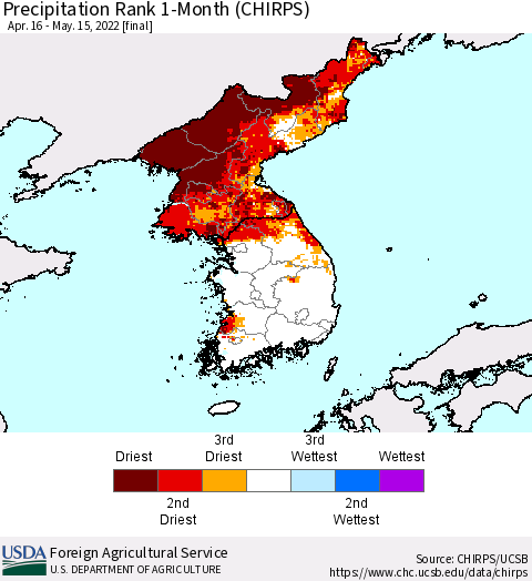 Korea Precipitation Rank 1-Month (CHIRPS) Thematic Map For 4/16/2022 - 5/15/2022