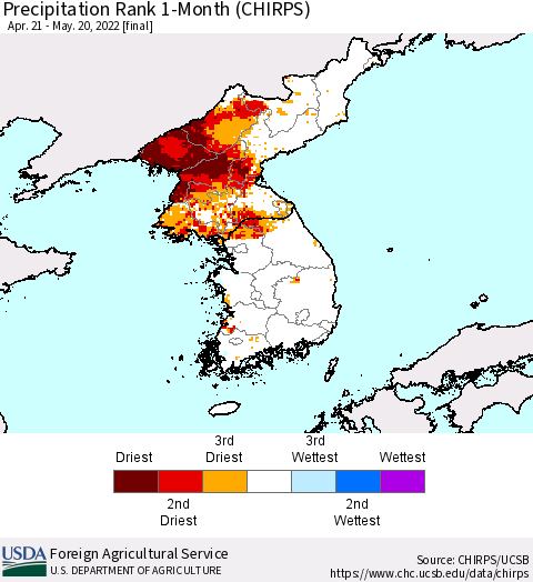 Korea Precipitation Rank since 1981, 1-Month (CHIRPS) Thematic Map For 4/21/2022 - 5/20/2022