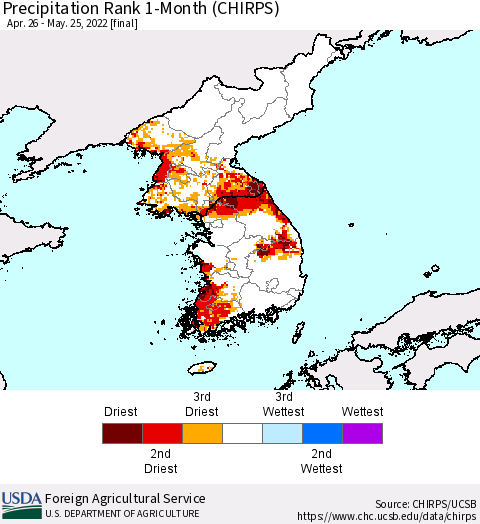 Korea Precipitation Rank 1-Month (CHIRPS) Thematic Map For 4/26/2022 - 5/25/2022