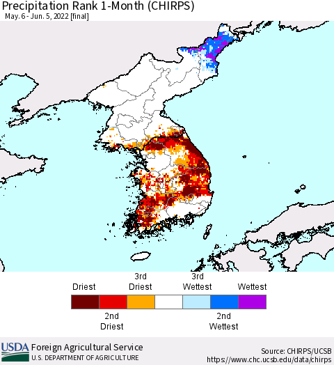 Korea Precipitation Rank 1-Month (CHIRPS) Thematic Map For 5/6/2022 - 6/5/2022