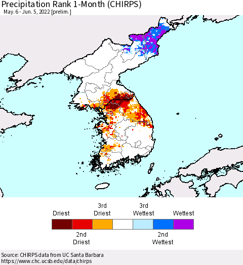 Korea Precipitation Rank 1-Month (CHIRPS) Thematic Map For 5/6/2022 - 6/5/2022