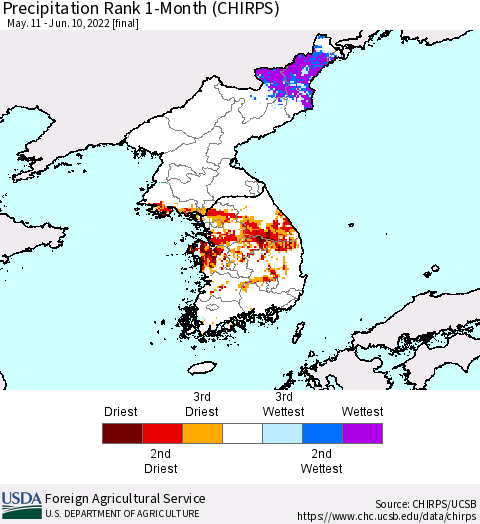 Korea Precipitation Rank 1-Month (CHIRPS) Thematic Map For 5/11/2022 - 6/10/2022