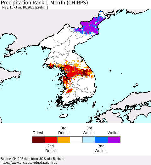 Korea Precipitation Rank 1-Month (CHIRPS) Thematic Map For 5/11/2022 - 6/10/2022