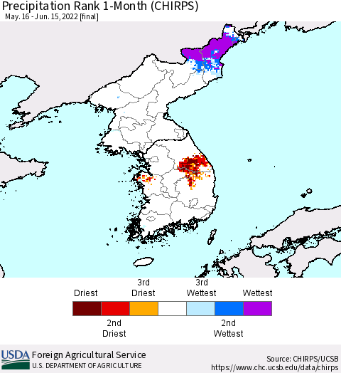 Korea Precipitation Rank since 1981, 1-Month (CHIRPS) Thematic Map For 5/16/2022 - 6/15/2022