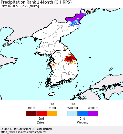 Korea Precipitation Rank 1-Month (CHIRPS) Thematic Map For 5/16/2022 - 6/15/2022